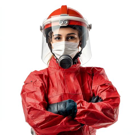 Woman in a red hazmat suit with a respirator mask and helmet looking