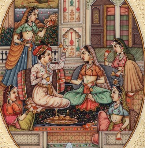 Mughal Indian Miniature Art Handmade Watercolor Mogul Period Harem Folk