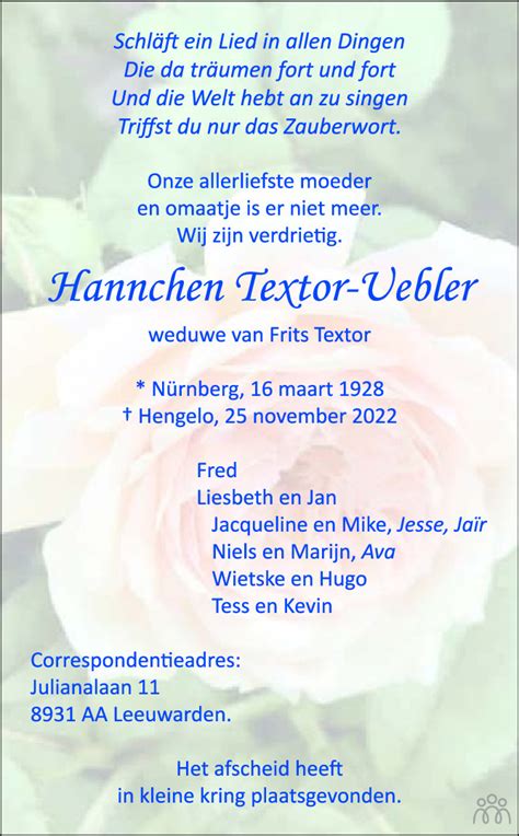 Hannchen Textor Vebler 25 11 2022 Overlijdensbericht En Condoleances