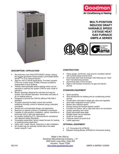 Multi Position Induced Draft Variable Speed 2 Stage Heat Gas Furnace