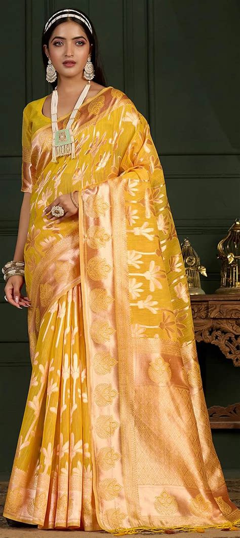 Bridal Traditional Wedding Yellow Color Banarasi Silk Fabric Saree