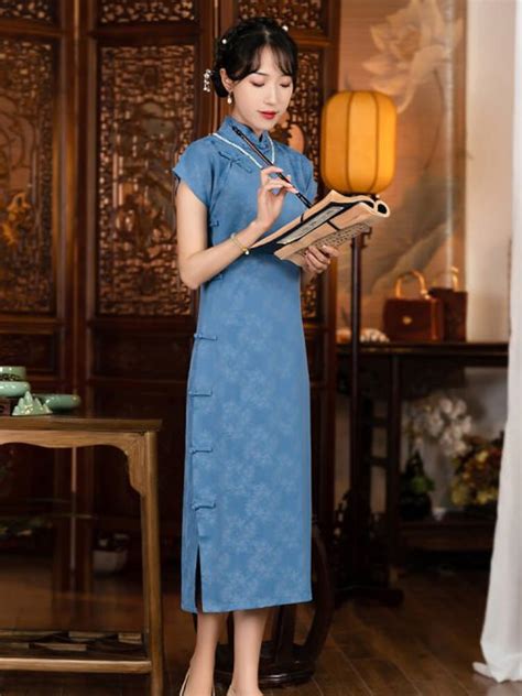 Bamboo Leaves Light Blue Cheongsam Dress Weqipao