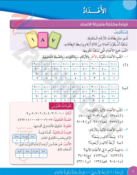 حل كتاب التلميذ صفحة 2 قراءة وكتابة وتجزئة الاعداد لمادة الرياضيات للصف