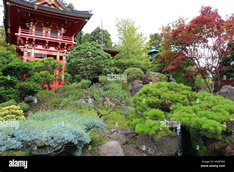 Japanese Pagodas And Stone Lantern In A Landscaped Japanese Garden In