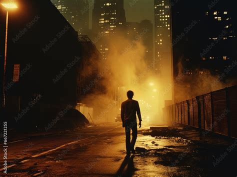 Silhouette Of A Mysterious Person Walking On A Foggy Dimly Lit Street