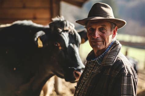 Premium Photo | Farmer and cow at happy cattle farm