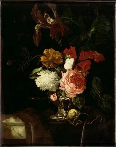 Bodegón con flores en jarrón caracol y mariposa Willem van Aelst