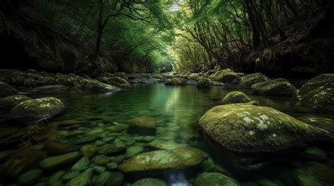 Background Sungai Melalui Pepohonan Hijau Memiliki Bebatuan Dan