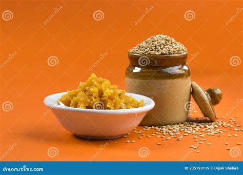 Sesame Seeds In Clay Pot With Jaggery In Bowl Stock Image Image Of