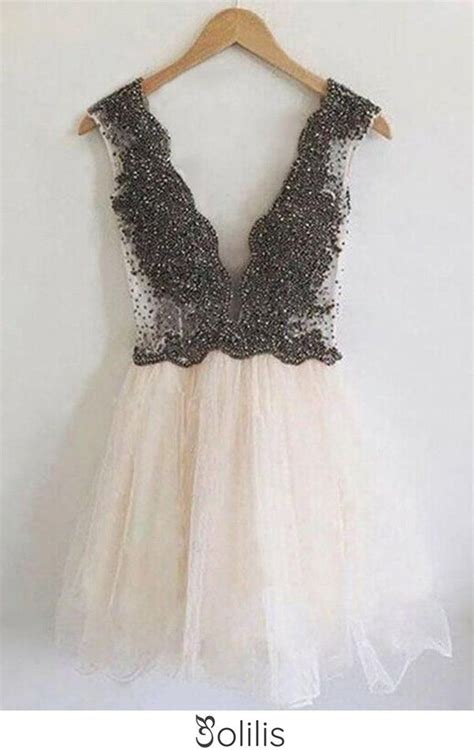 V Neck Beaded Bodice A Line Tulle Short Mini Homecoming Dresses Tulle