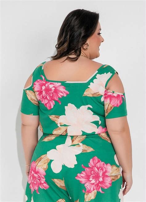 Marguerite Blusa Floral Verde Com Decote Quadrado Plus Size Topos