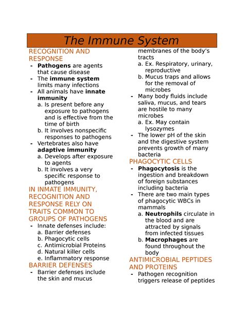 The Immune System Notes The Immune System Recognition And Response Pathogens Are Agents That