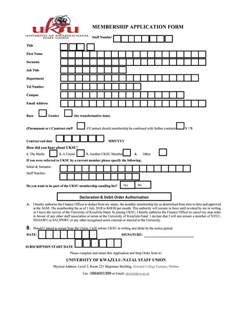 Fillable Online Uksu Ukzn Ac 2018 UKSU MEMBERSHIP APPLICATION FORM Fax