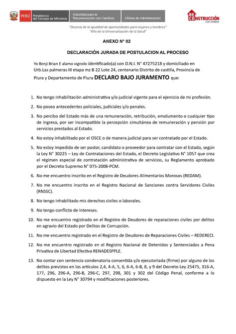 Anexos 02 ANEXO N 02 DECLARACIÓN JURADA DE POSTULACION AL PROCESO Yo