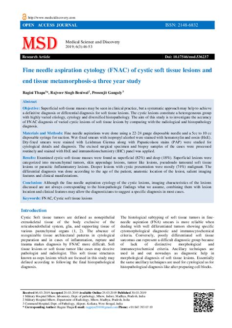 Pdf Fine Needle Aspiration Cytology Fnac Of Cystic Soft Tissue Lesions And End Tissue