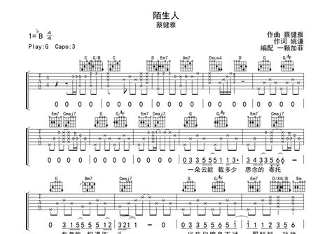 蔡健雅《陌生人》吉他谱 G调弹唱六线谱 完整编配版 琴魂网
