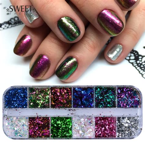 1Set 12 Colors Mixed Shining Flakes Irregular Chameleon Effect Nail