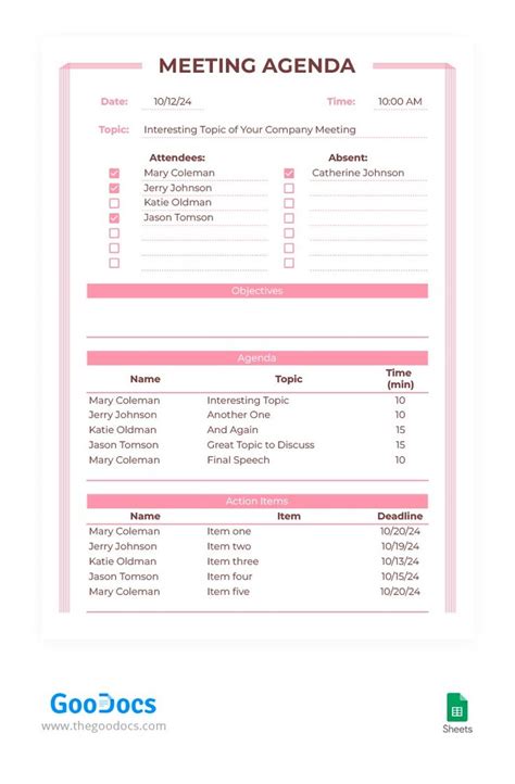 Free Pink Creative Meeting Agenda Template In Google Sheets and ...