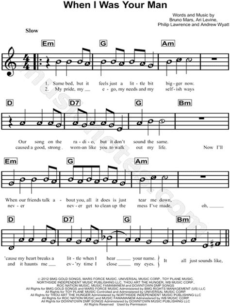 Bruno Mars When I Was Your Man Sheet Music For Beginners In G Major