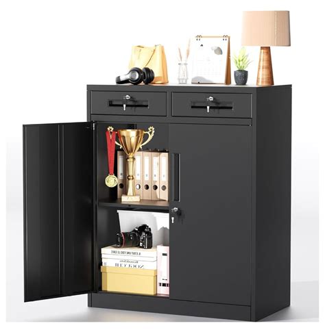 Metal Storage Cabinet with Drawers, Black Locking Steel Garage Cabinet ...