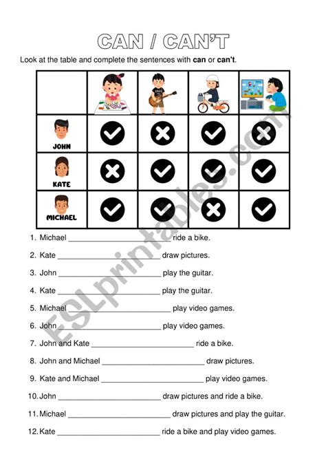 Actions Can X Cant Esl Worksheet By Teacherlizbr13