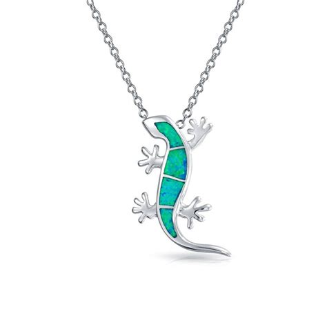 Gecko Lizard Beach Pendant Blue Created Opal Necklace Sterling Silver