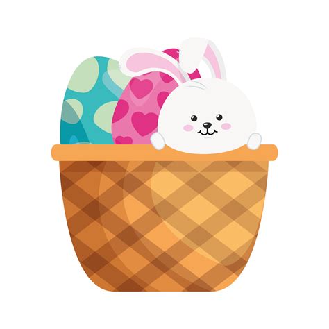 Rabbit And Set Of Cute Eggs Easter Decorated In Basket Wicker 4627319