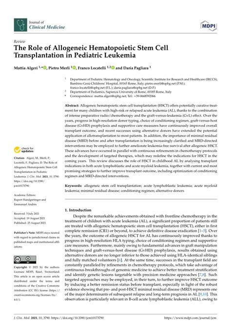 Pdf The Role Of Allogeneic Hematopoietic Stem Cell Transplantation In Pediatric Leukemia