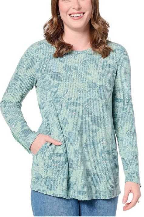 Susan Graver Weekend Printed Brushed Waffle Knit Tunic Green Ebay