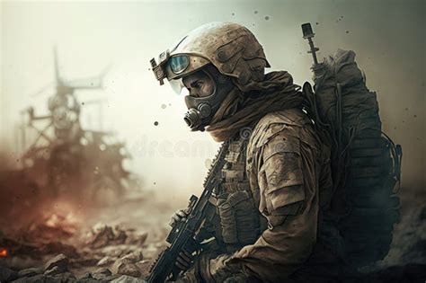 Soldier In A War Battlefield Generative Ai Stock Illustration