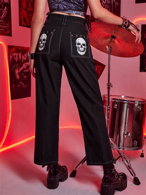 Skull Print Pants With Chain Punk Rock Style