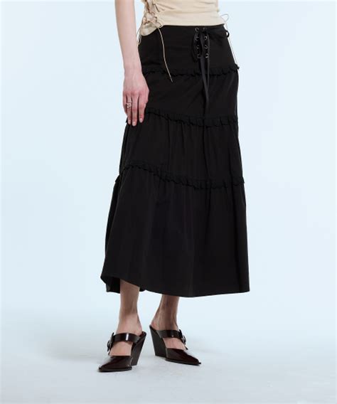 MUSINSA公式 LARTIGENT L11 EYELET FRILL LONG SKIRT BLACK