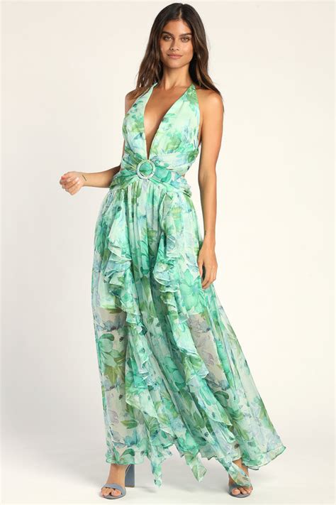 Light Green Floral Print Dress Cutout Dress Halter Maxi Dress Lulus