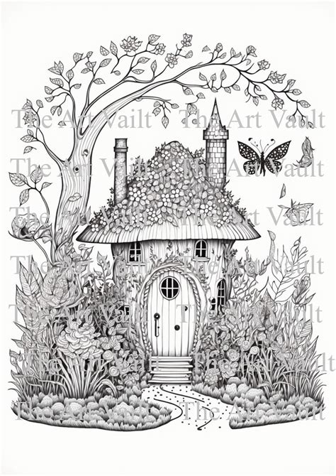 Fairy House Coloring Fairy Garden Coloring Fairy Adult Etsy