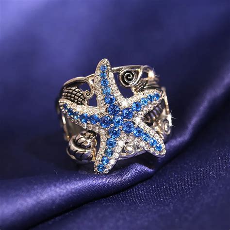 Personality Elegant Sapphire Gemstone Starfish Rings For Women Real