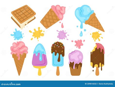 Helado Kawaii Dibujos Animados Set Waffle Vector De Verano Ilustración