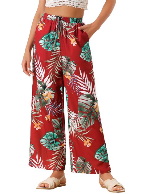 Inspire Chic Womens Boho Floral High Waist Drawstring Tropical Wide