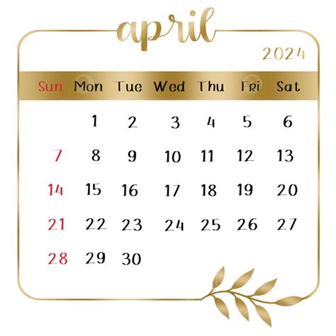 April 2024 Gold Leaves Calendar 2024 Monthly Calendar April PNG