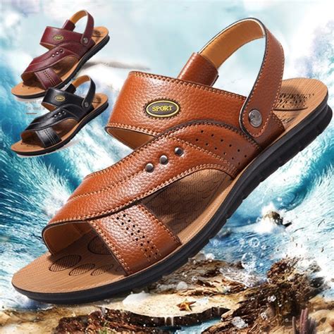 Summer Mens Fashion Genuine Leather Beach Sandals Casual Breathable Slippers Male Outdoor