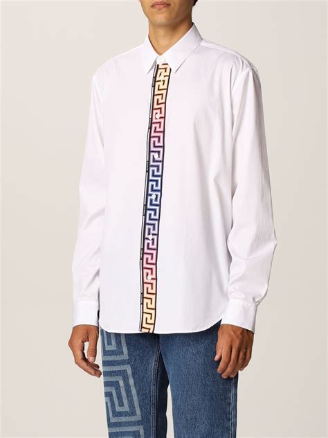 VERSACE: cotton shirt with neon Greca print | Shirt Versace Men White | Shirt Versace ...