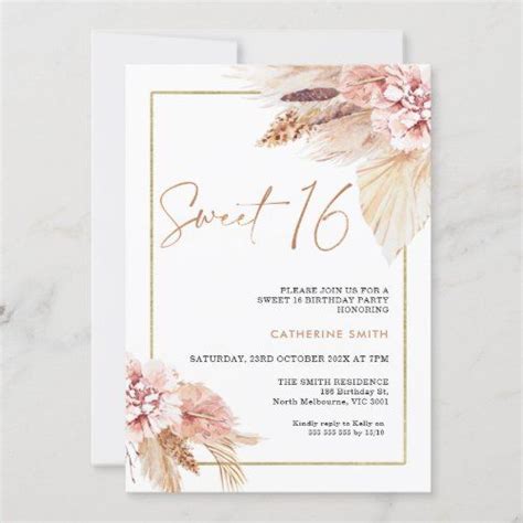 Blush Boho Pampas Grass Sweet 16 Birthday Invitation Zazzle Sweet