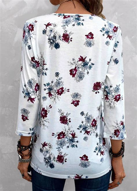 Rotita Tuck Stitch Floral Print White Split Neck Blouse Rotita