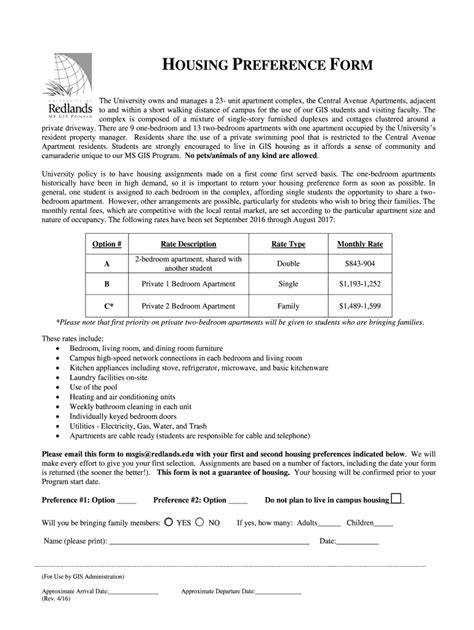 Fillable Online Housing Preference Form University Of Redlands Fax