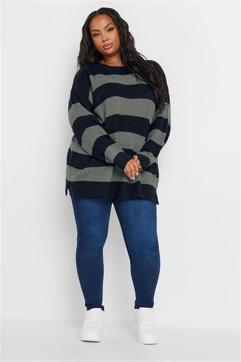 Yours Plus Size Navy Blue And Grey Stripe Knitted Jumper Yours Clothing