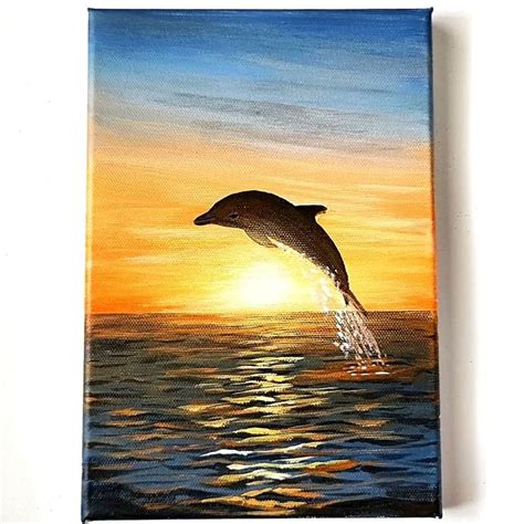 A Painting Of A Dolphin Jumping Out Of The Water At Sunset With Its