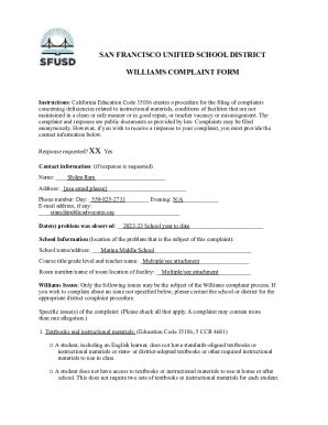 Fillable Online Williams Complaint Form District Departments Fax