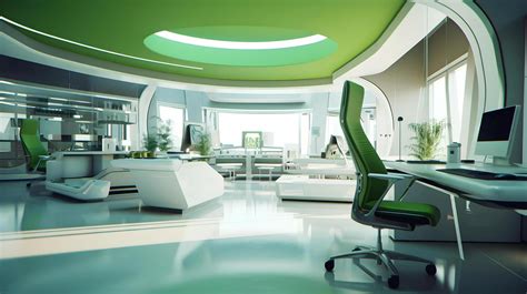 Modern Futuristic Interior Office Design With Warm Tones Of Green