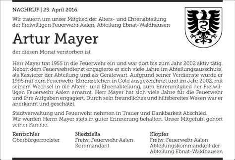 Traueranzeigen Von Artur Mayer Schwaebische De Trauerportal