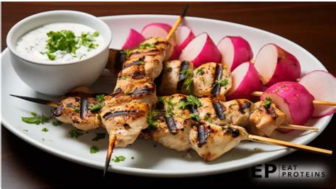 Optavia Grilled Chicken Kabobs With Cucumber Mint Yogurt Sauce And Roasted Radishes