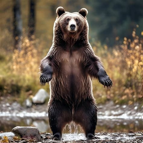 Oso Pardo De Pie Sobre Sus Patas Traseras Junto Al R O En El Bosque De